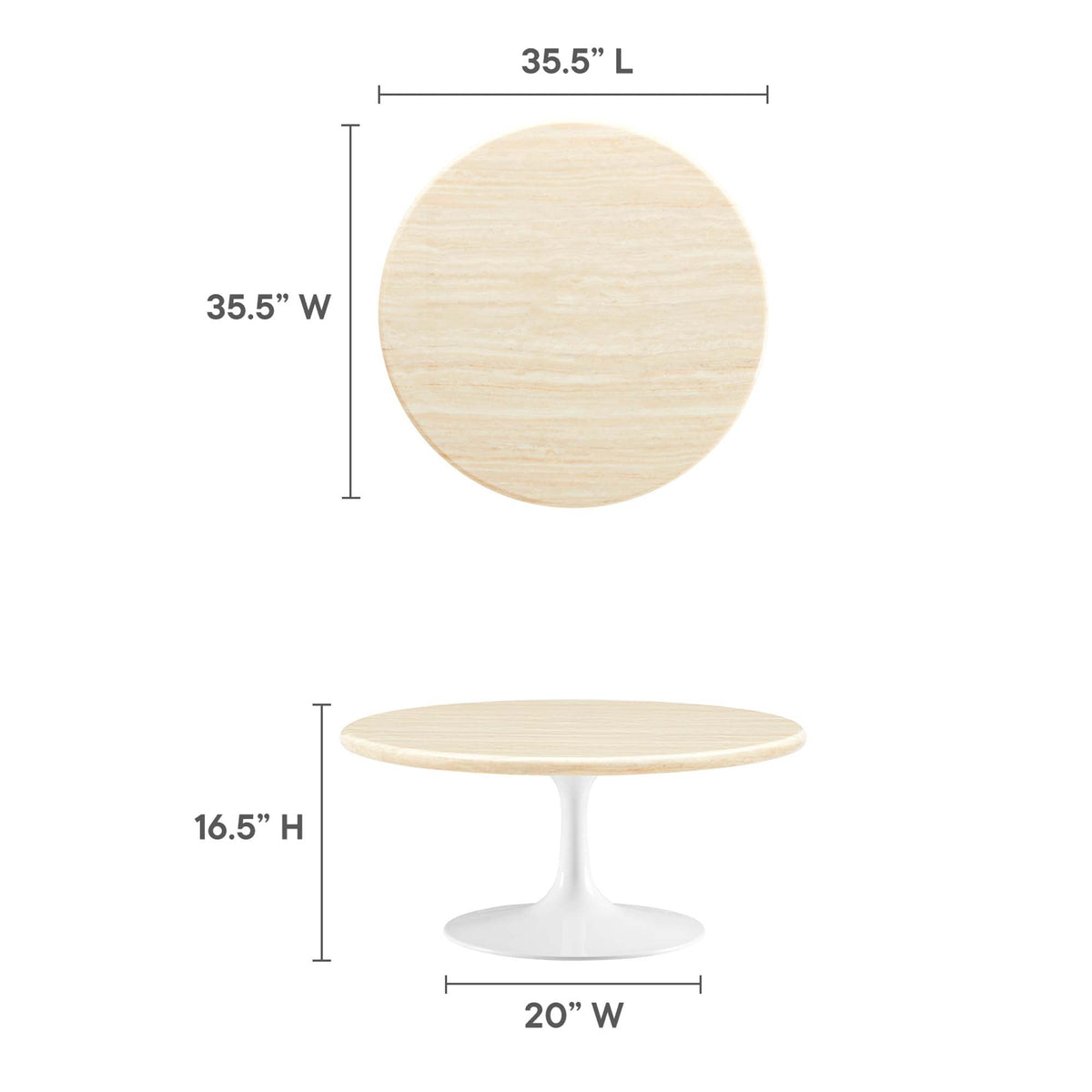Lippa round faux travertine coffee table with white pedestal base by Modway 35.5W top on Tampa Home & Garden Store