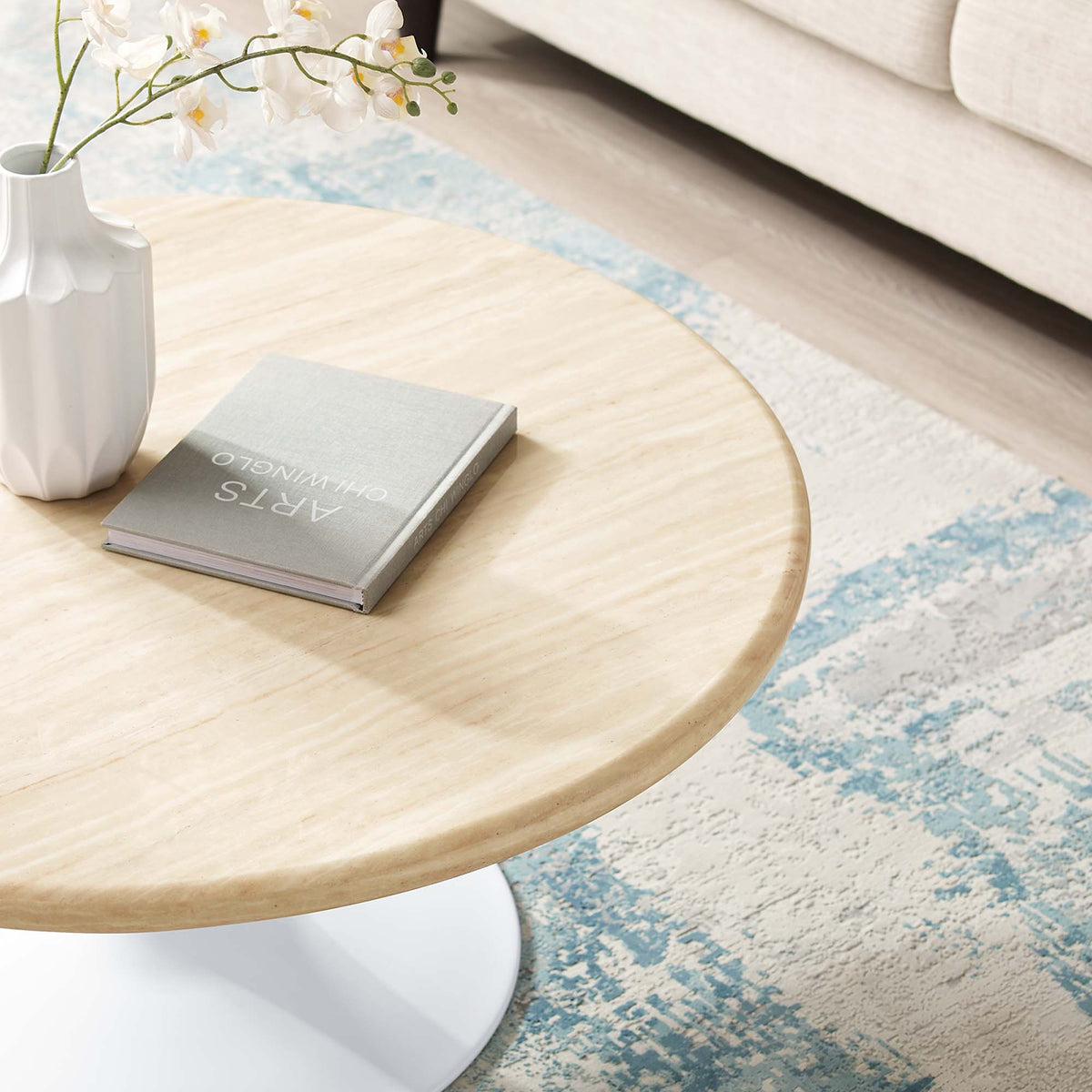 Lippa Round Faux Travertine Coffee Table by Modway, round surface with white base on Tampa Home & Garden Store