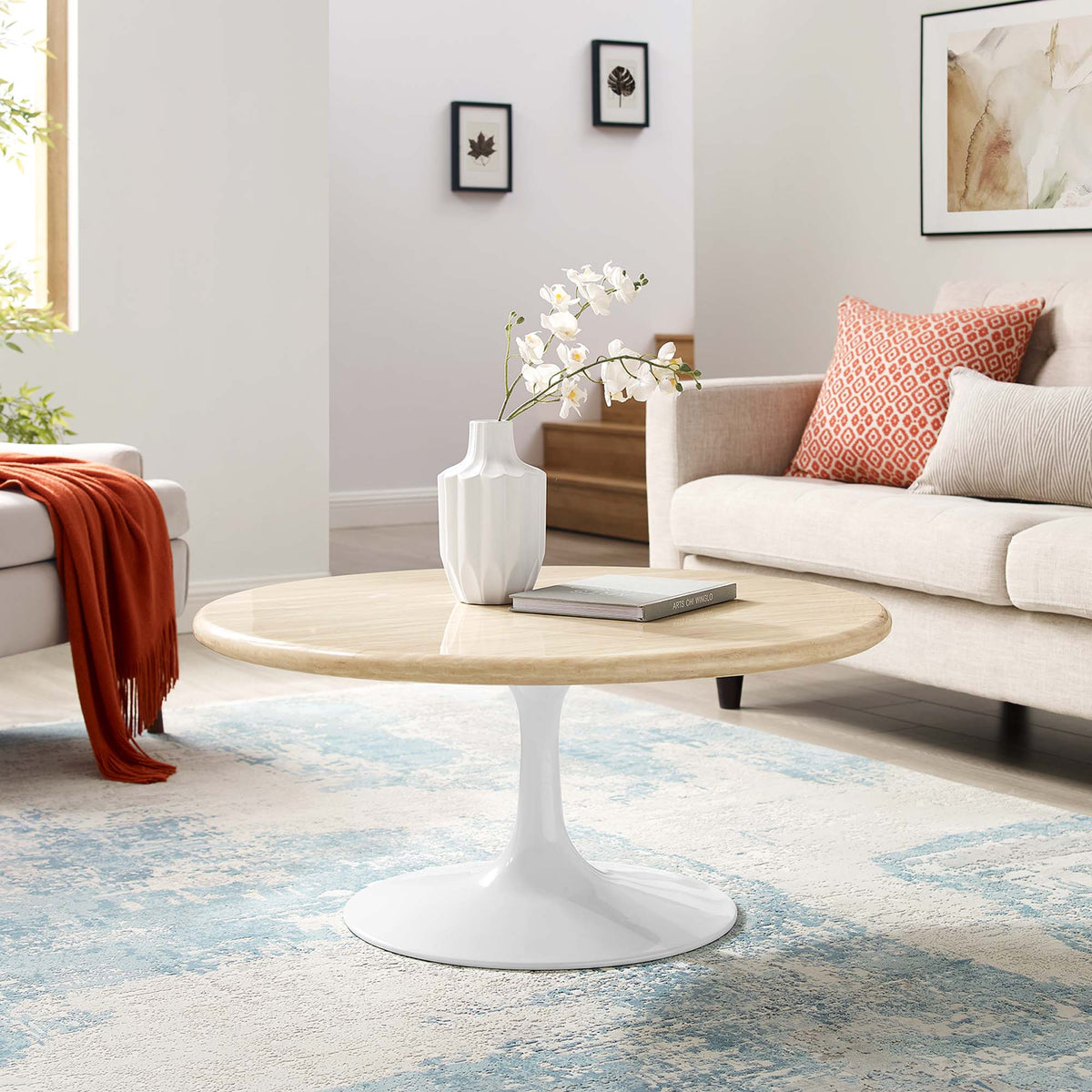 Lippa Round Faux Travertine Coffee Table by Modway with white pedestal base in living room on Tampa Home & Garden Store