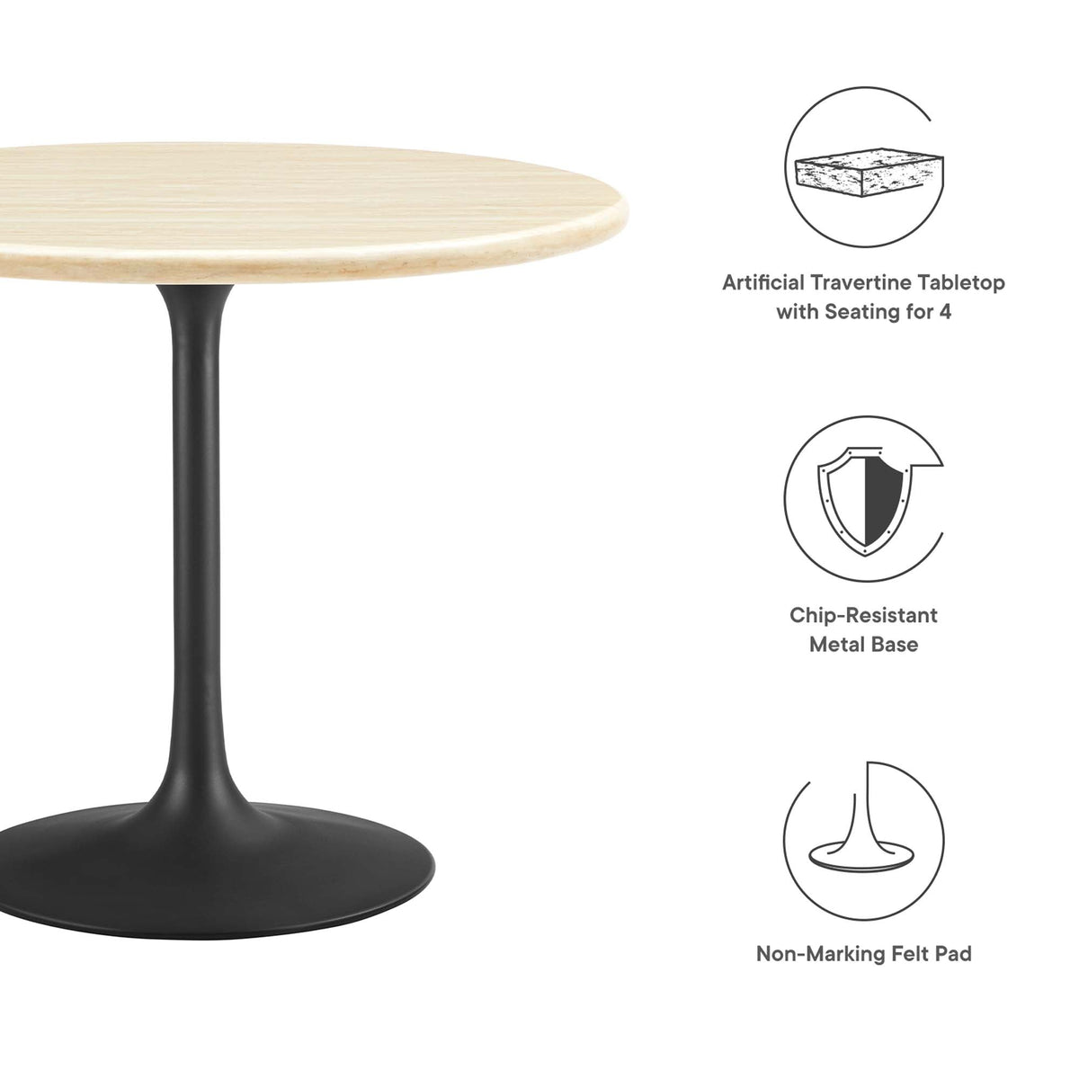 Lippa Round Faux Travertine Dining Table with black pedestal base by Modway on Tampa Home & Garden Store