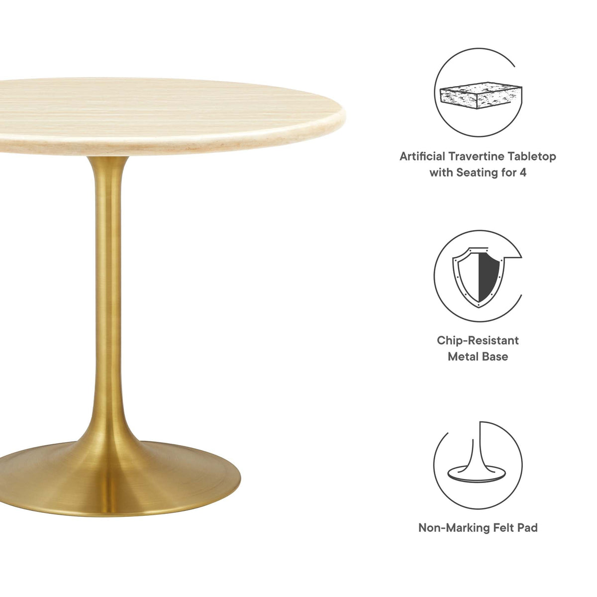 Lippa Round Faux Travertine Dining Table by Modway, brass pedestal base on Tampa Home & Garden Store