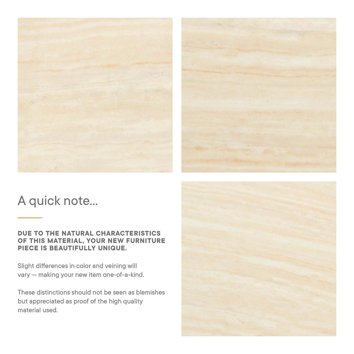 Lippa Round Faux Travertine dining table samples in beige stone tones, two rectangular swatches on white on Tampa Home & Garden Store