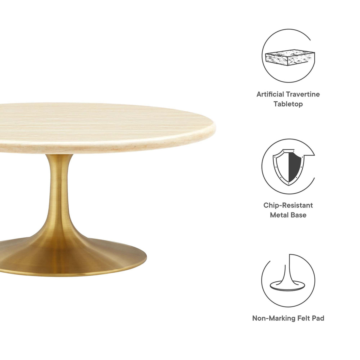 Lippa Round Faux Travertine Coffee Table by Modway, round top with brass pedestal base on Tampa Home & Garden Store