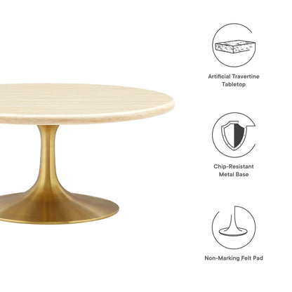 Lippa Round Faux Travertine Coffee Table by Modway, round top with brass pedestal base on Tampa Home & Garden Store