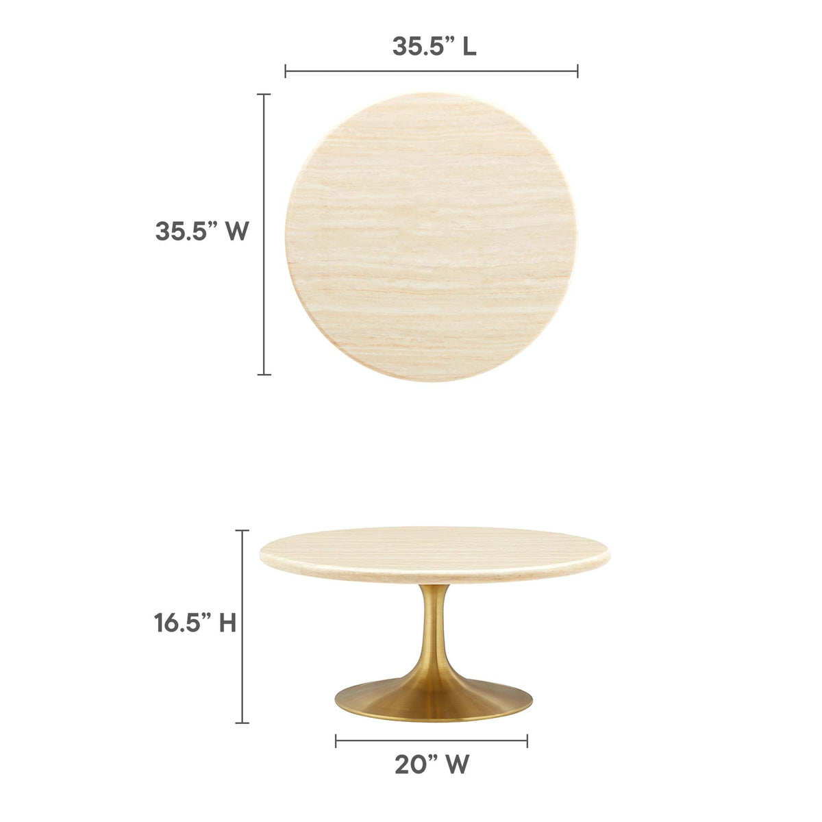 Lippa Round Faux Travertine Coffee Table Modway, stone-look top with brass pedestal base on Tampa Home & Garden Store