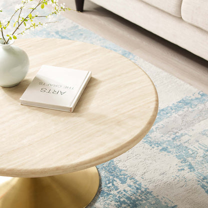 Lippa Round Faux Travertine Coffee Table with light wood top and brass pedestal base on Tampa Home & Garden Store