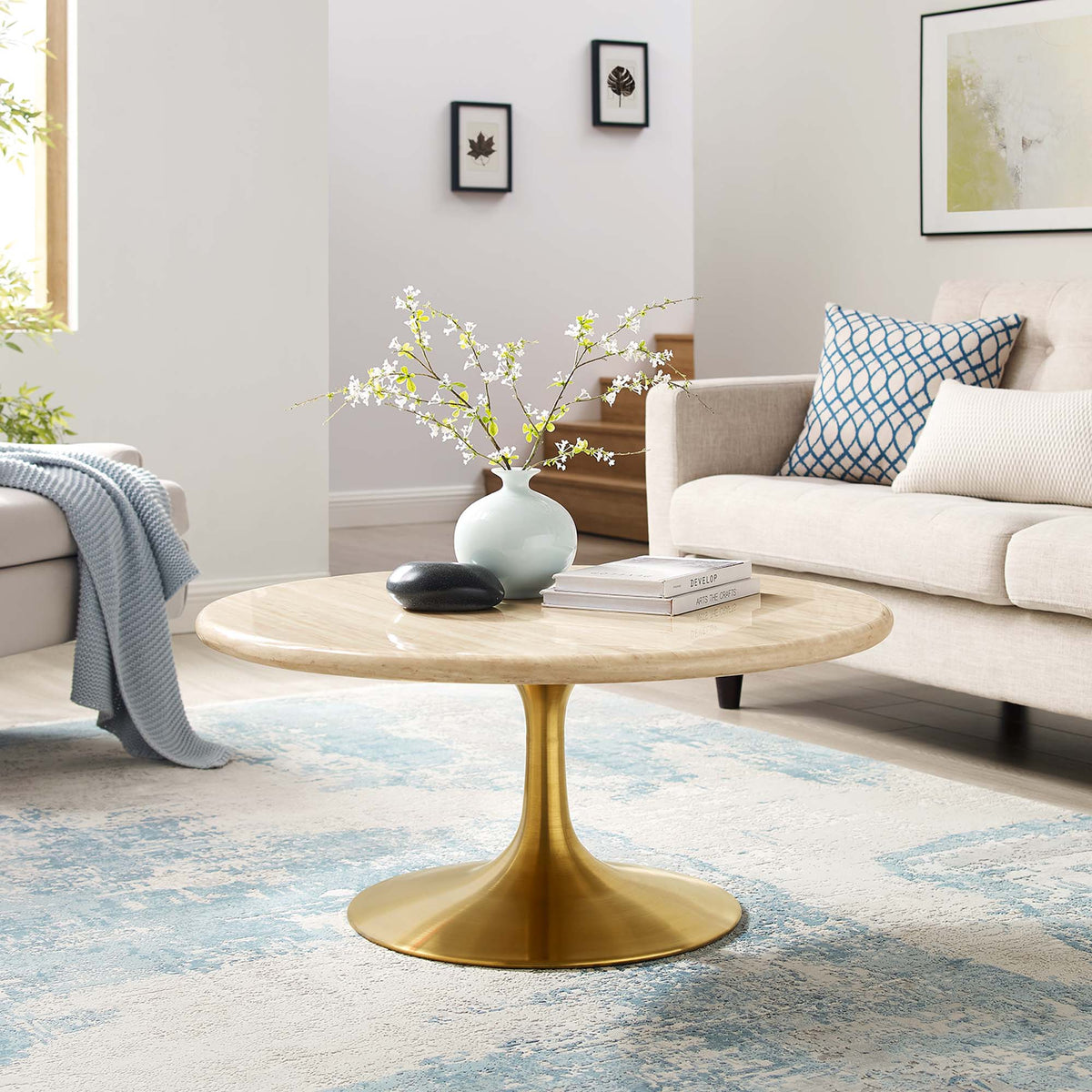Lippa Round Faux Travertine Coffee Table by Modway with brass pedestal base in living room on Tampa Home & Garden Store