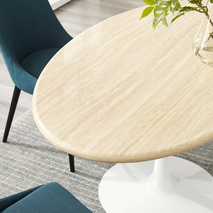 Lippa Oval Faux Travertine dining table with beige top and black metal legs on Tampa Home & Garden Store