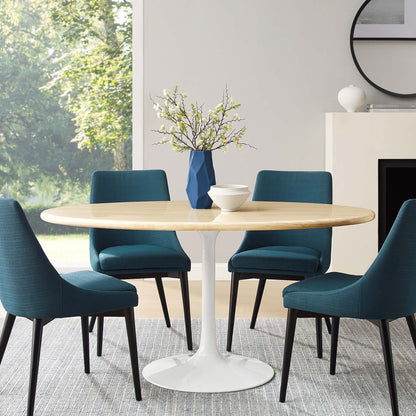 Lippa oval faux travertine dining table by Modway in beige with white pedestal blue chairs on Tampa Home & Garden Store
