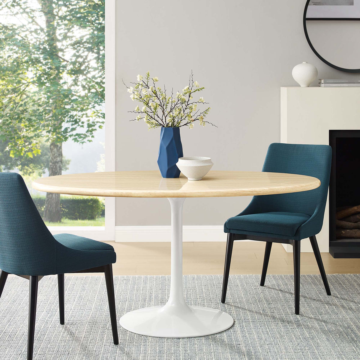 Lippa Oval Faux Travertine Dining Table by Modway, white tulip pedestal base with light wood top on Tampa Home & Garden Store
