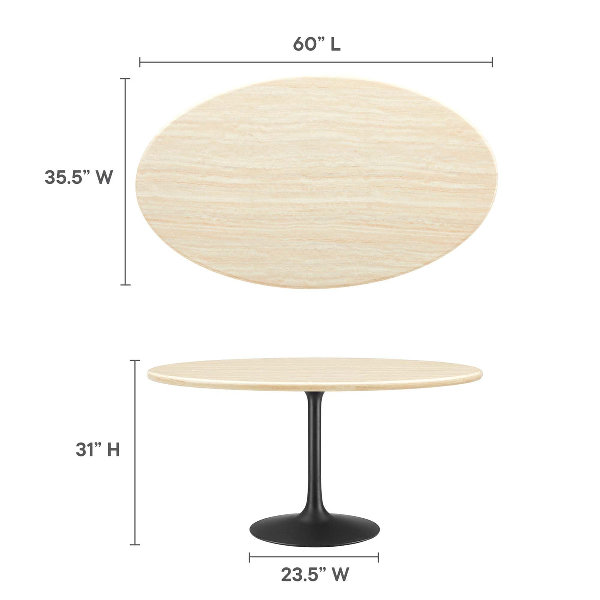 Lippa Oval Faux Travertine Dining Table beige travertine top on black pedestal base on Tampa Home & Garden Store