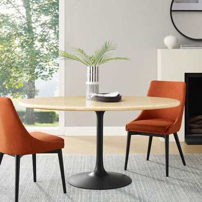 Lippa Oval Faux Travertine Dining Table with black pedestal base and seating on Tampa Home & Garden Store