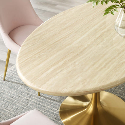 Lippa oval faux travertine dining table by HouseOfZazla with gold pedestal base and pink seating on Tampa Home & Garden Store