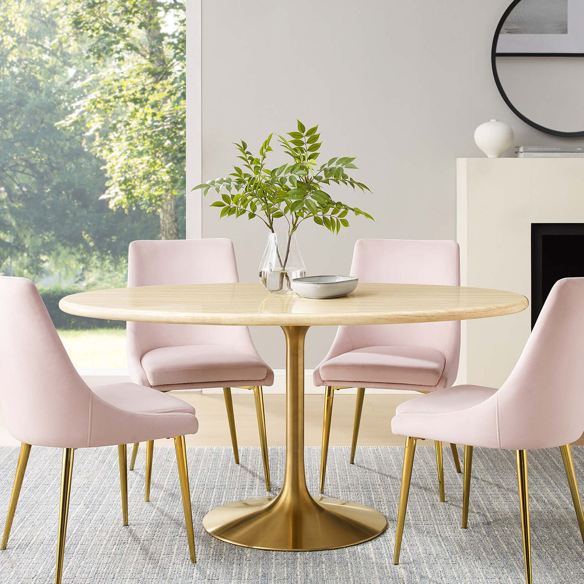 Lippa Oval Faux Travertine Dining Table by Modway with gold pedestal base and pink chairs on Tampa Home & Garden Store