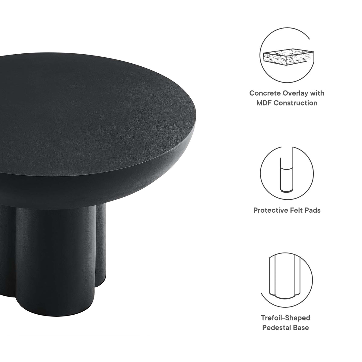Caspian round concrete coffee table with concrete overlay and MDF construction trefoil pedestal on Tampa Home & Garden Store