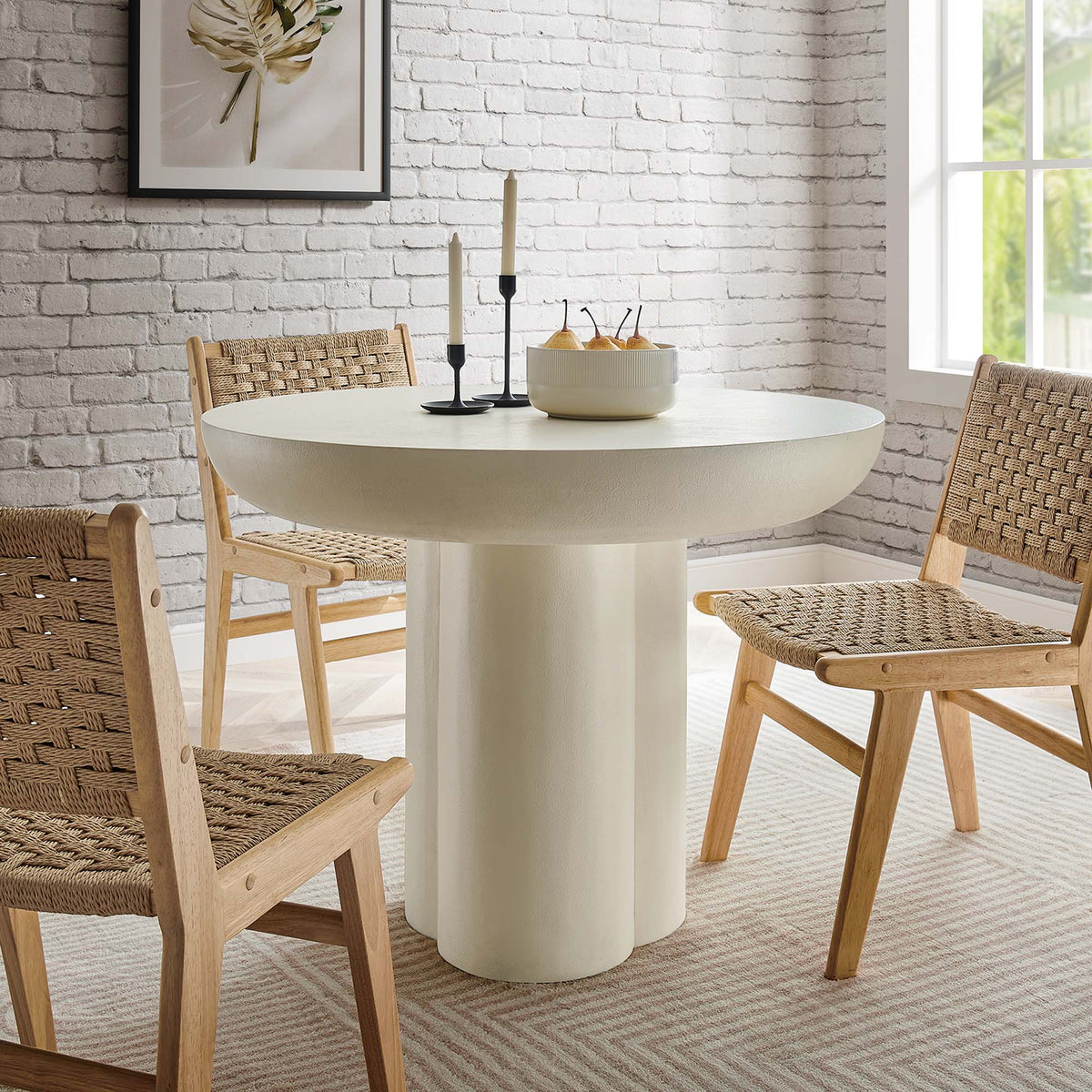 Caspian 40in Round Concrete Dining Table by Modway, white pedestal table with candles on Tampa Home & Garden Store