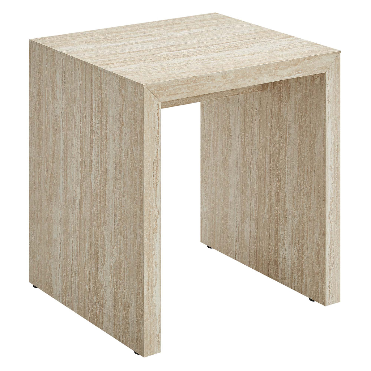 Mirella faux travertine side table, beige travertine finish, nightstand on Tampa Home & Garden Store