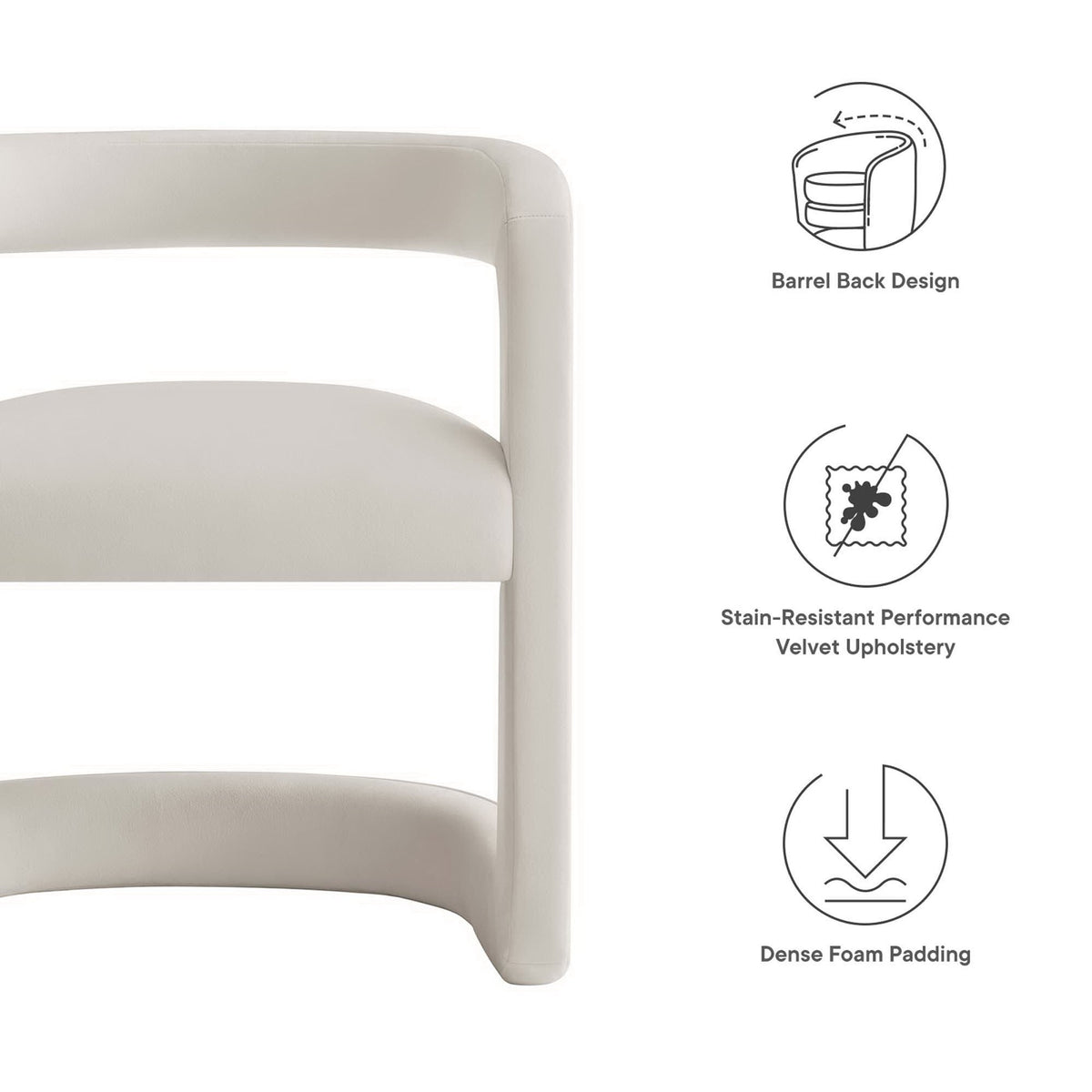 Winslow barrel back velvet dining chair by Modway, cream upholstery, dense foam padding on Tampa Home & Garden Store