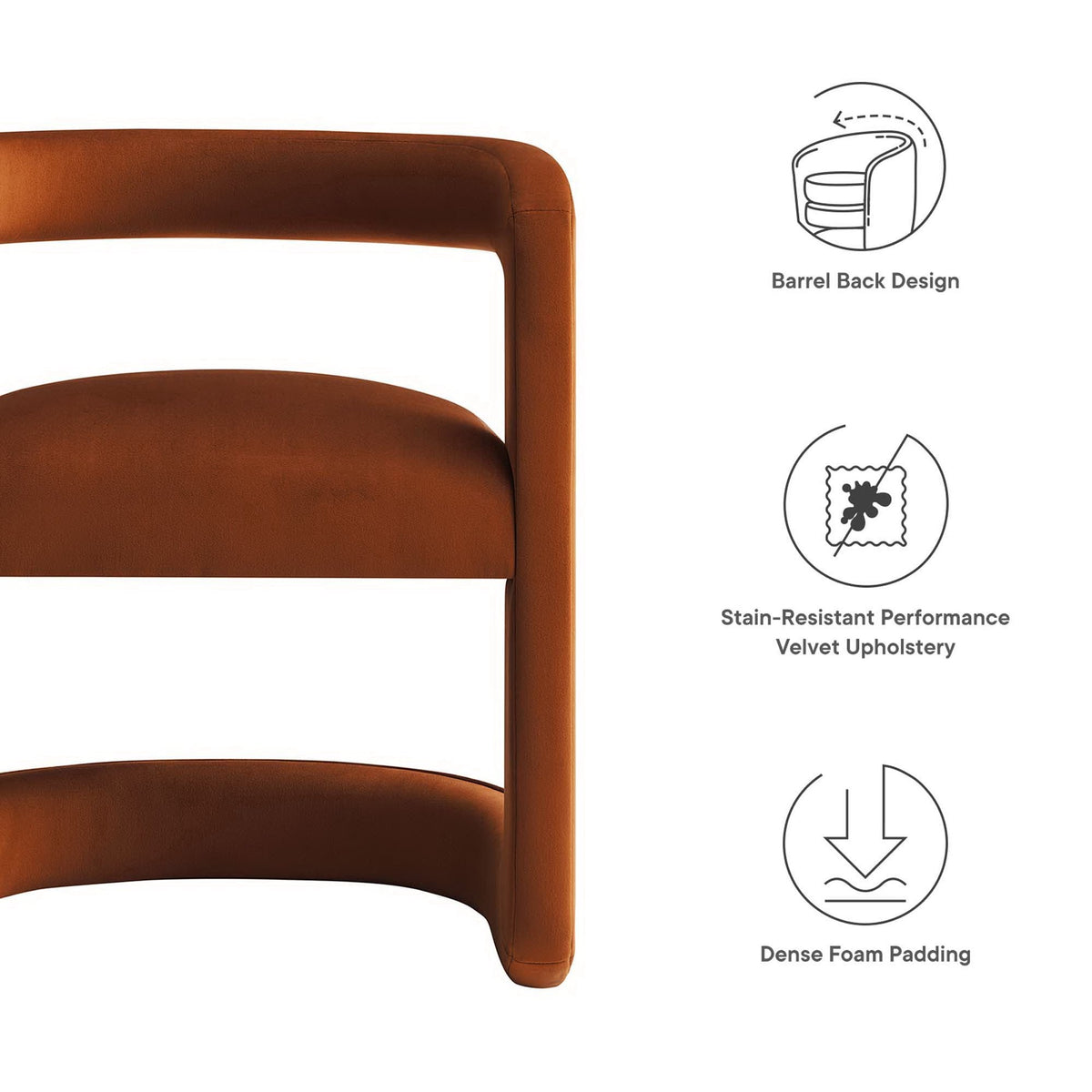 Winslow Barrel Performance Velvet Dining Chair orange-brown upholstery by HouseOfZazla on Tampa Home & Garden Store