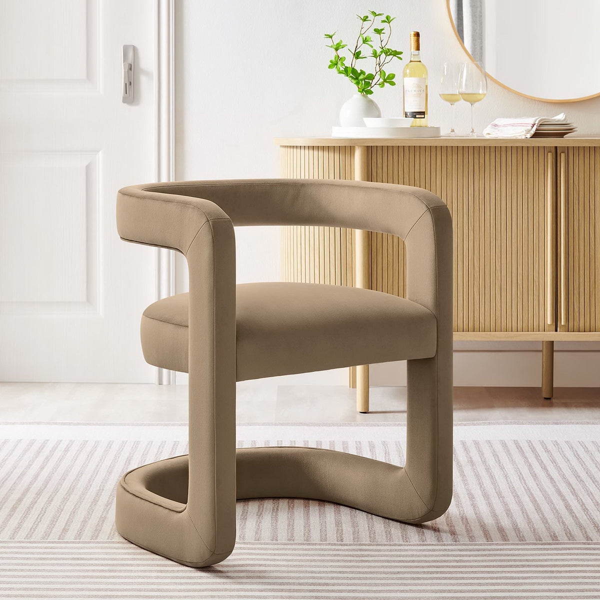 Winslow Barrel Performance Velvet Dining Chairs in taupe beige, barrel seat set of 2 on Tampa Home & Garden Store