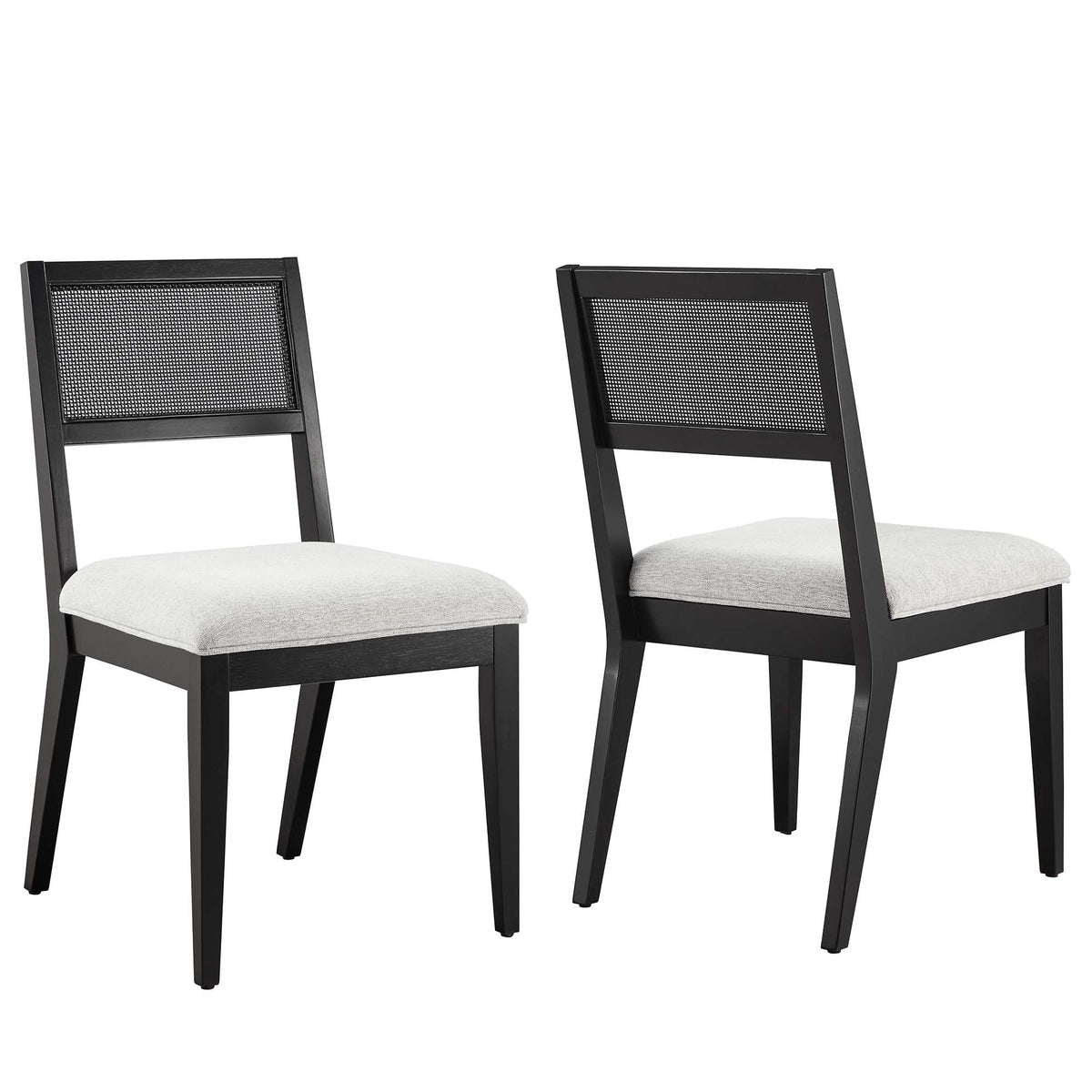 Nimba Faux Rattan Dining Chairs set of 2, black frames, caned backs, light gray cushions on Tampa Home & Garden Store
