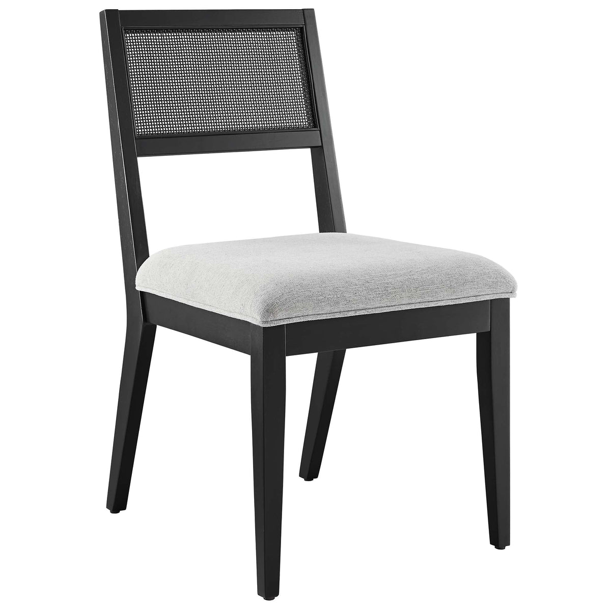 Nimba faux rattan fabric dining chair with black frame and light gray upholstered seat on Tampa Home & Garden Store