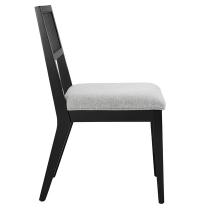 Nimba Faux Rattan Fabric Dining Chairs Set of 2 with black frame and gray upholstered seat on Tampa Home & Garden Store