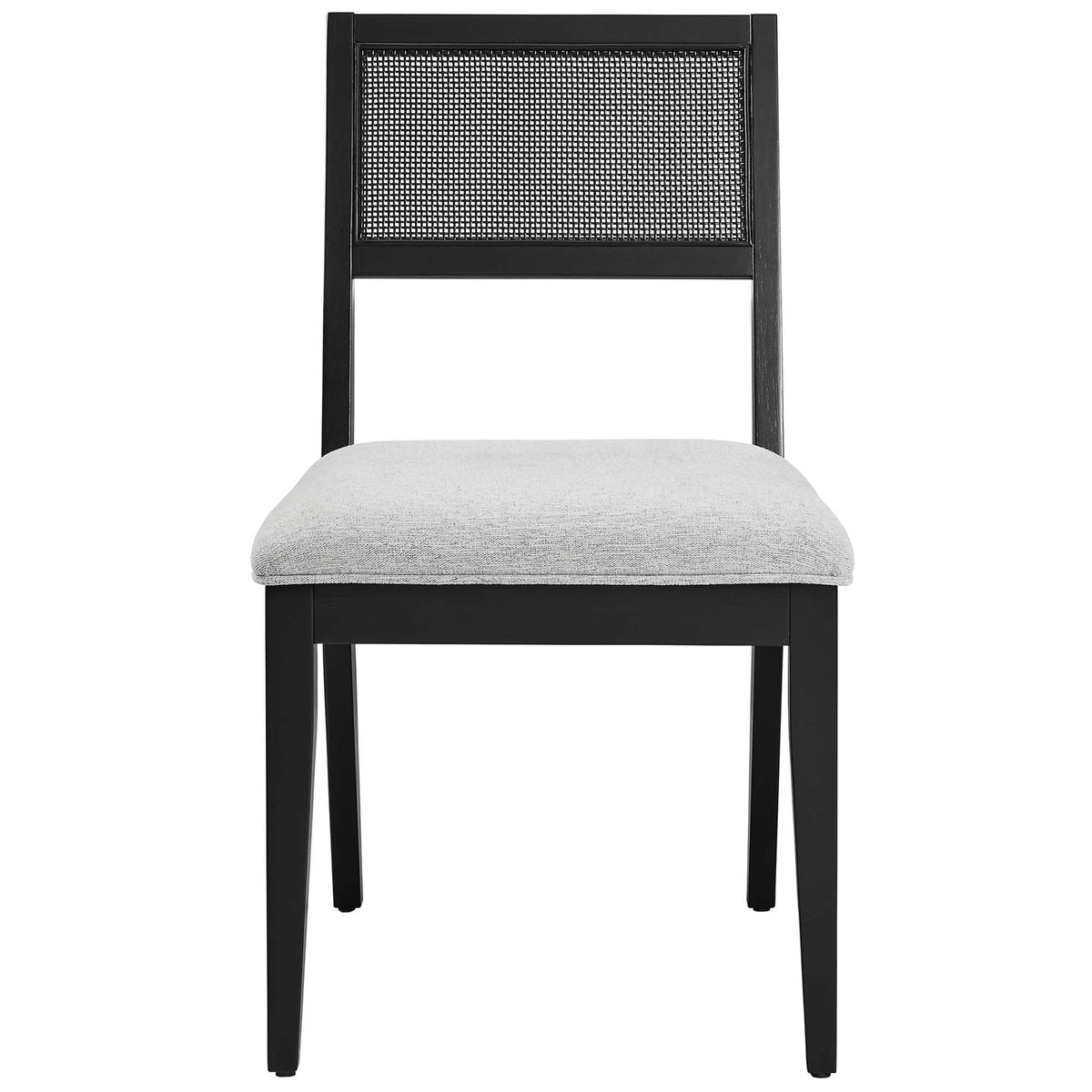 Nimba faux rattan fabric dining chair with black wood frame and light gray upholstered seat on Tampa Home & Garden Store