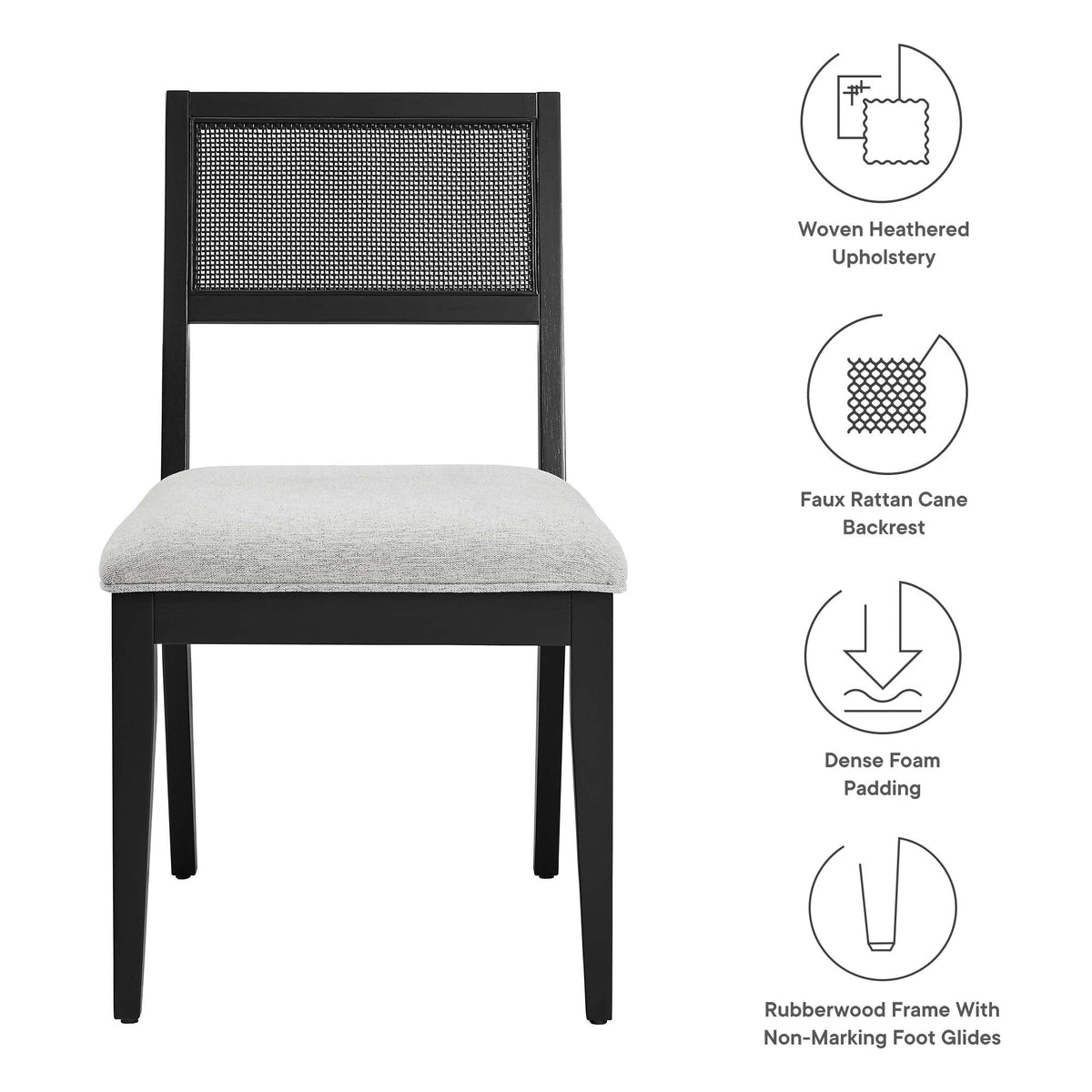 Nimba Faux Rattan Dining Chairs Set of 2 with black rubberwood frame and gray upholstery seats on Tampa Home & Garden Store