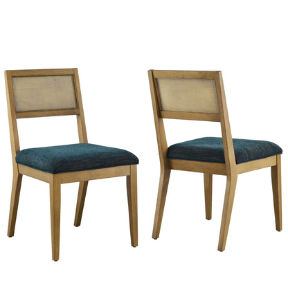 Nimba faux rattan dining chairs set of 2 with wood frames and caned backs teal seats on Tampa Home & Garden Store
