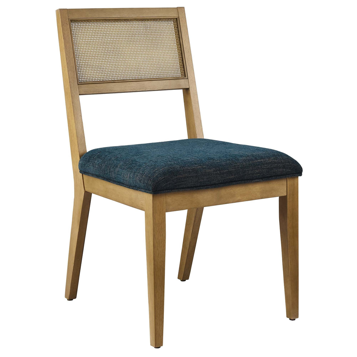 Nimba faux rattan dining chairs with wood frame and blue upholstered seats, set of 2 on Tampa Home & Garden Store
