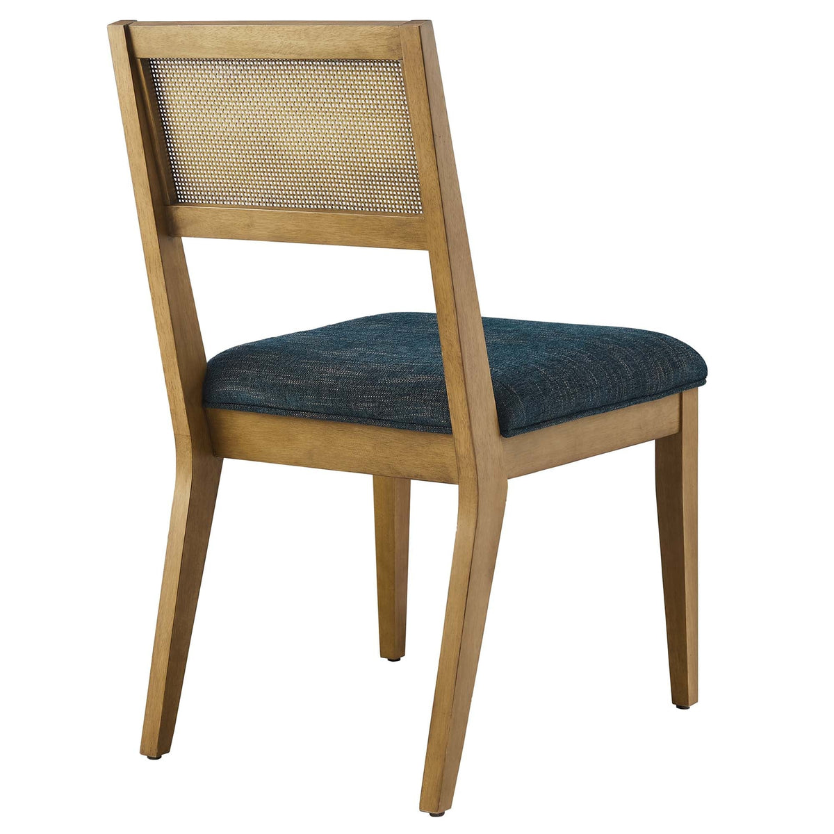Nimba faux rattan back dining chairs set of 2 with wood frame and blue fabric upholstered seat on Tampa Home & Garden Store