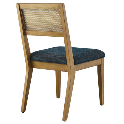 Nimba faux rattan back dining chairs set of 2 with wood frame and blue fabric upholstered seat on Tampa Home & Garden Store
