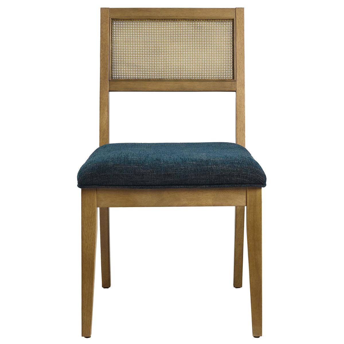 Nimba faux rattan dining chairs set of 2, wood frame caned back blue fabric seats Modway on Tampa Home & Garden Store