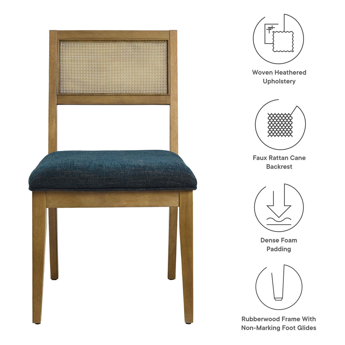 Nimba faux rattan dining chairs, set of 2 in wood frame with blue fabric seats by Modway on Tampa Home & Garden Store