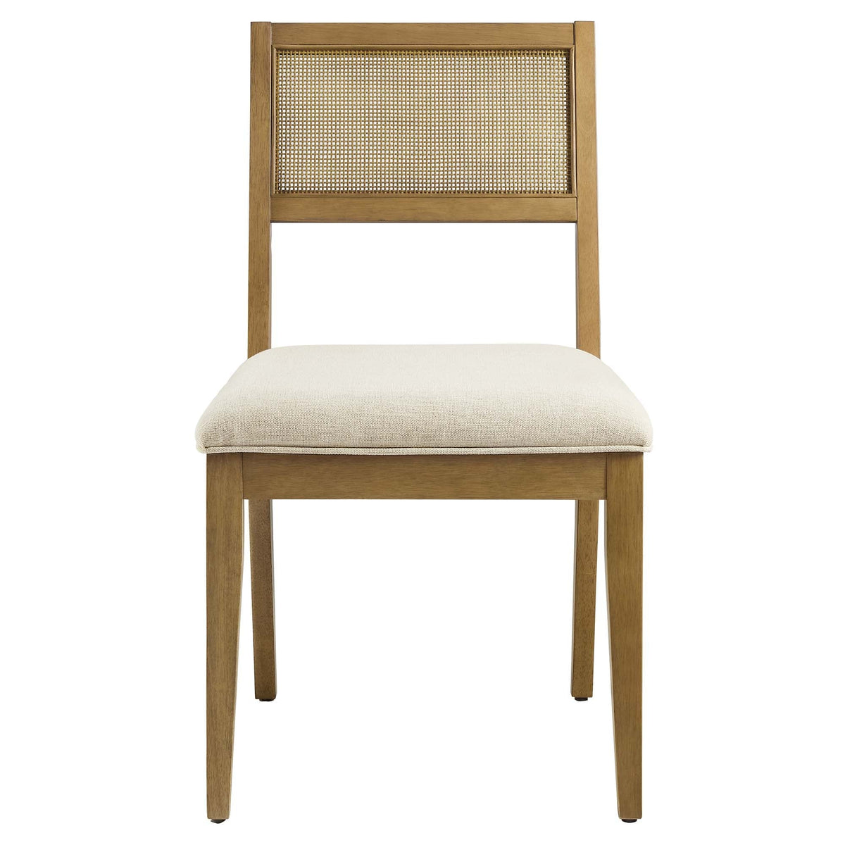 Nimba faux rattan dining chair with light wood frame, caned back, beige fabric upholstered seat on Tampa Home & Garden Store