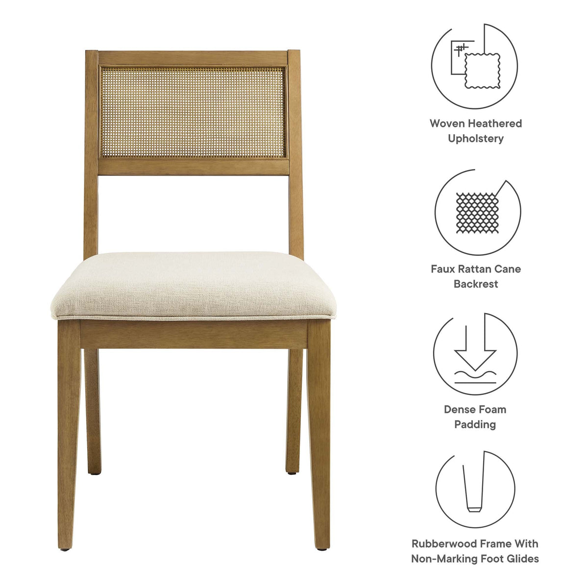 Nimba Faux Rattan Fabric Dining Chairs set of 2 with wood caned backrest and beige upholstery on Tampa Home & Garden Store