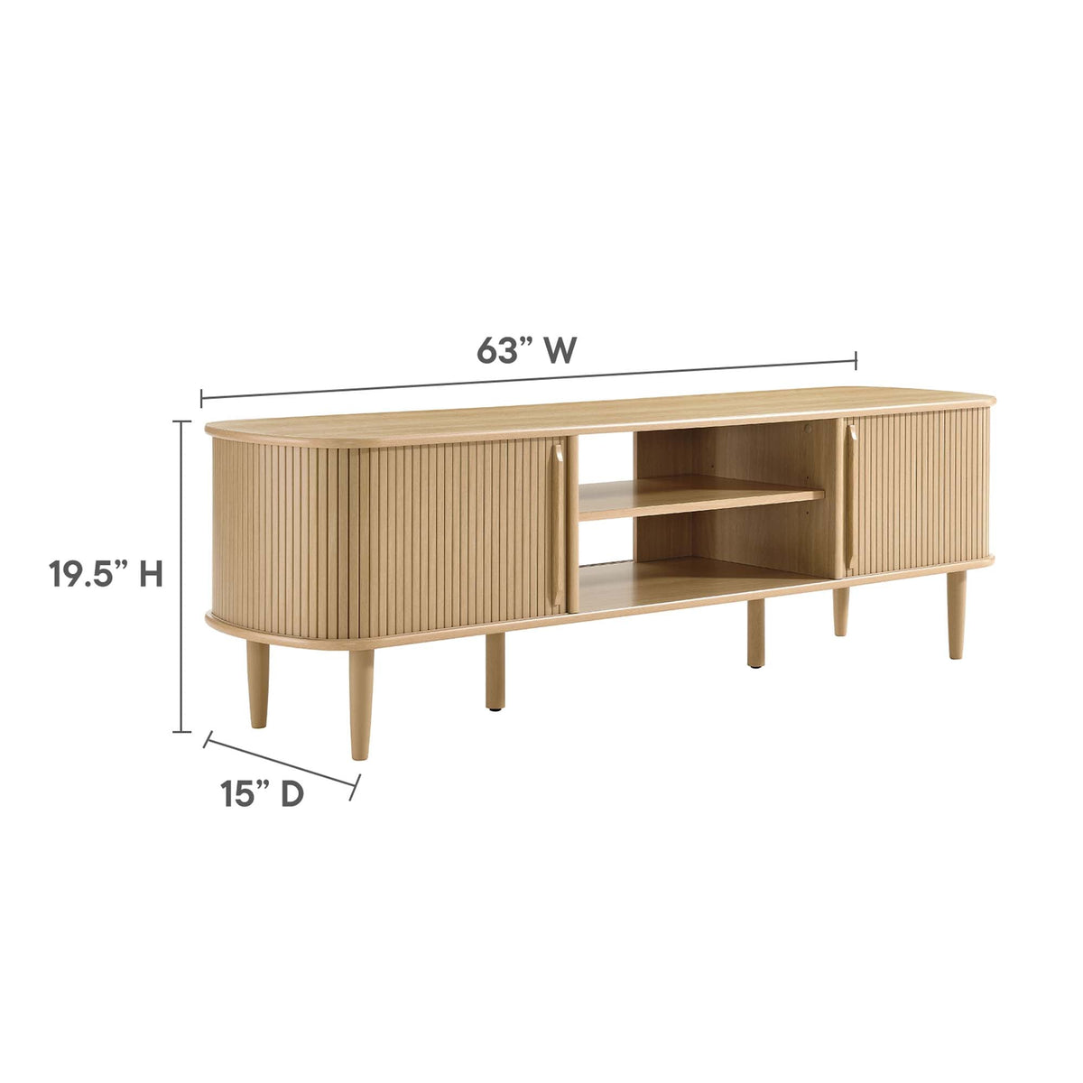 Contour 63in wood TV stand with curved slatted ends and open shelf storage in natural oak on Tampa Home & Garden Store