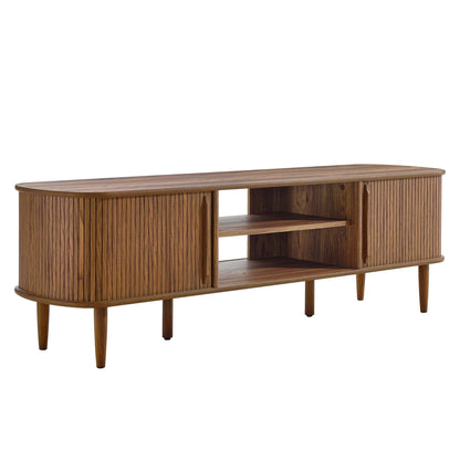 Contour 63-inch Wood TV Stand in walnut finish with vertical slats and open shelf on Tampa Home & Garden Store