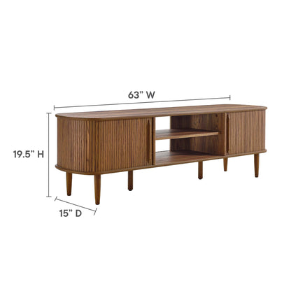 Contour 63in wood TV stand in walnut finish with slatted curved panels and open shelf on Tampa Home & Garden Store