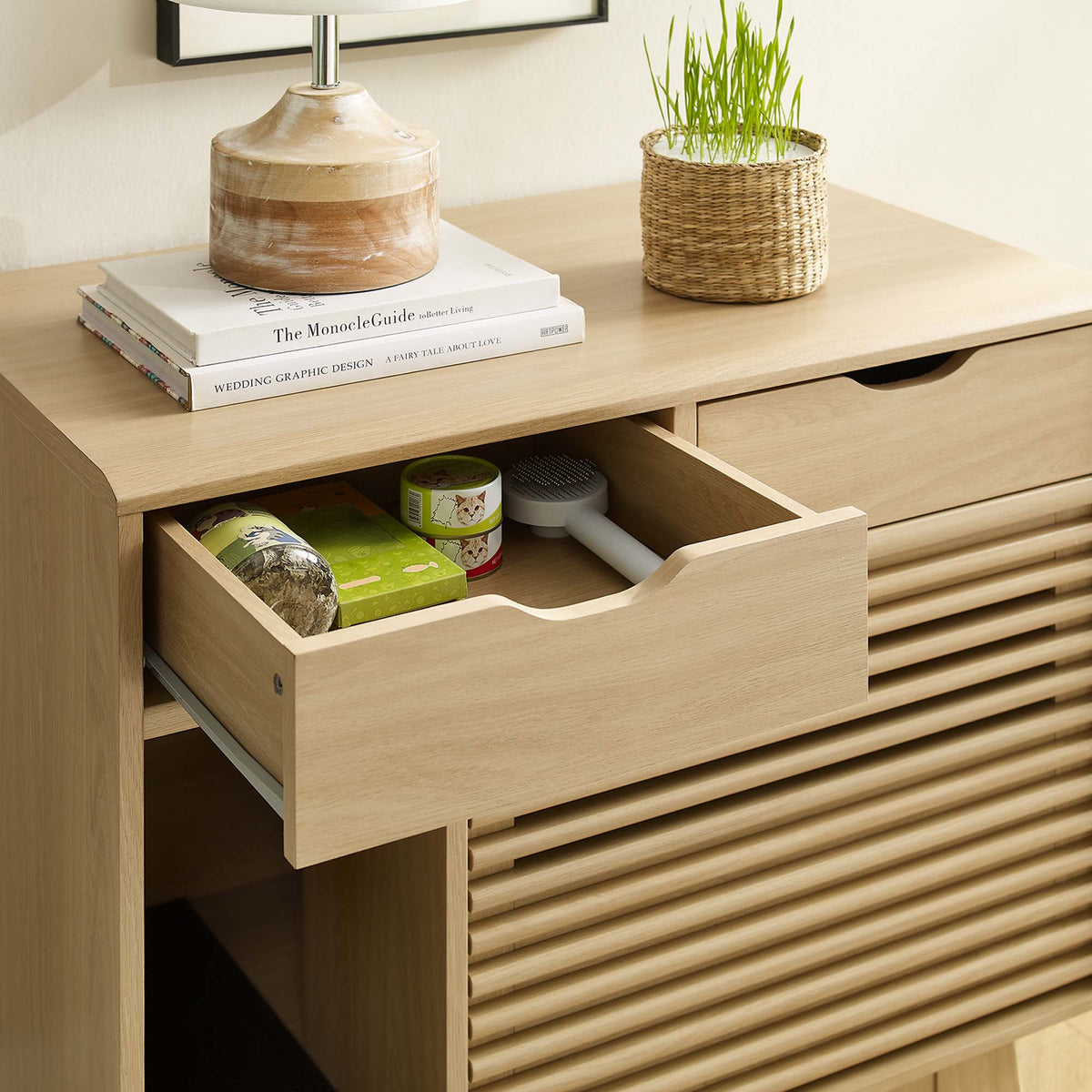 Render Cat Cabinet by Modway, light wood decor cabinet with lamp and woven plant basket on Tampa Home & Garden Store