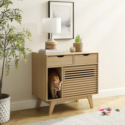 Render Cat Cabinet decorative wood storage with cat in open slot, natural finish on Tampa Home & Garden Store