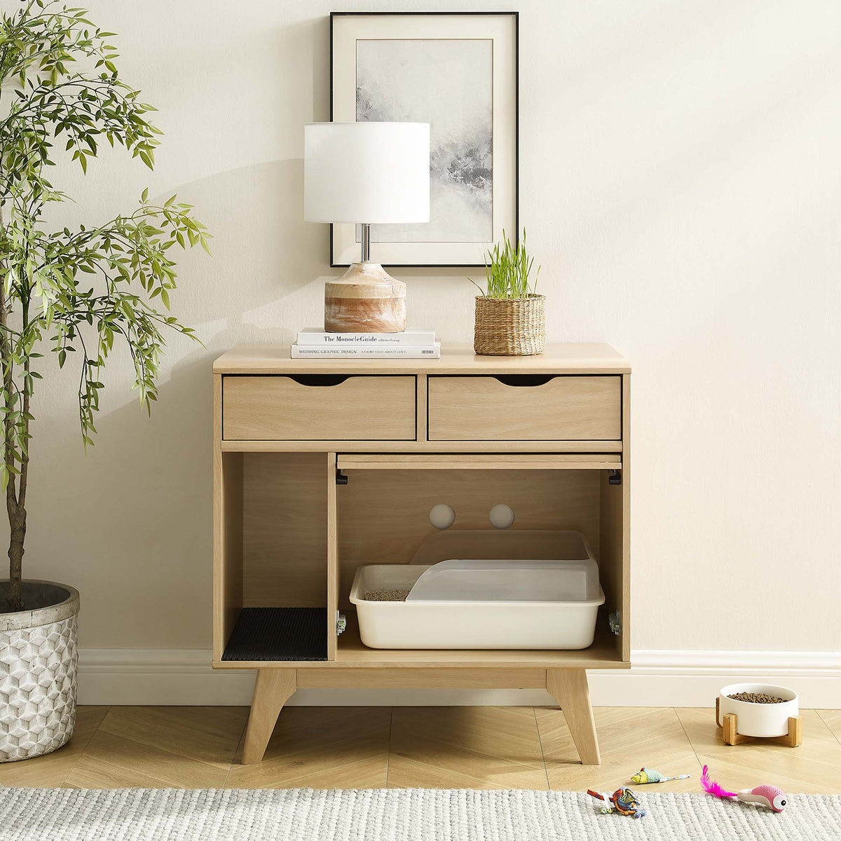 Render Cat Cabinet by Modway, natural wood decor cabinet with built-in litter tray on Tampa Home & Garden Store