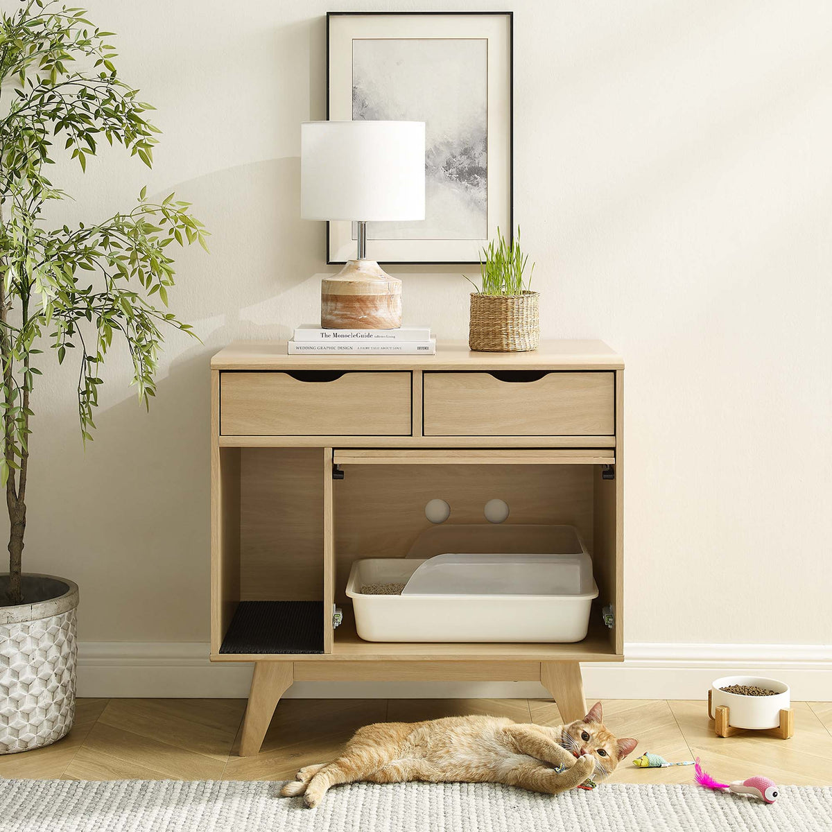 Render Cat Cabinet by Modway decorative natural wood cabinet with built-in cat litter tray on Tampa Home & Garden Store