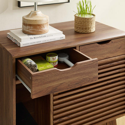 Render Cat Cabinet by Modway wooden decor console with stacked books and woven plant basket on Tampa Home & Garden Store