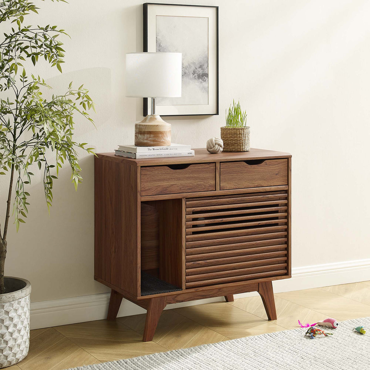 Render Cat Cabinet by Modway wooden cabinet with slatted doors, lamp, framed art, and plants on Tampa Home & Garden Store