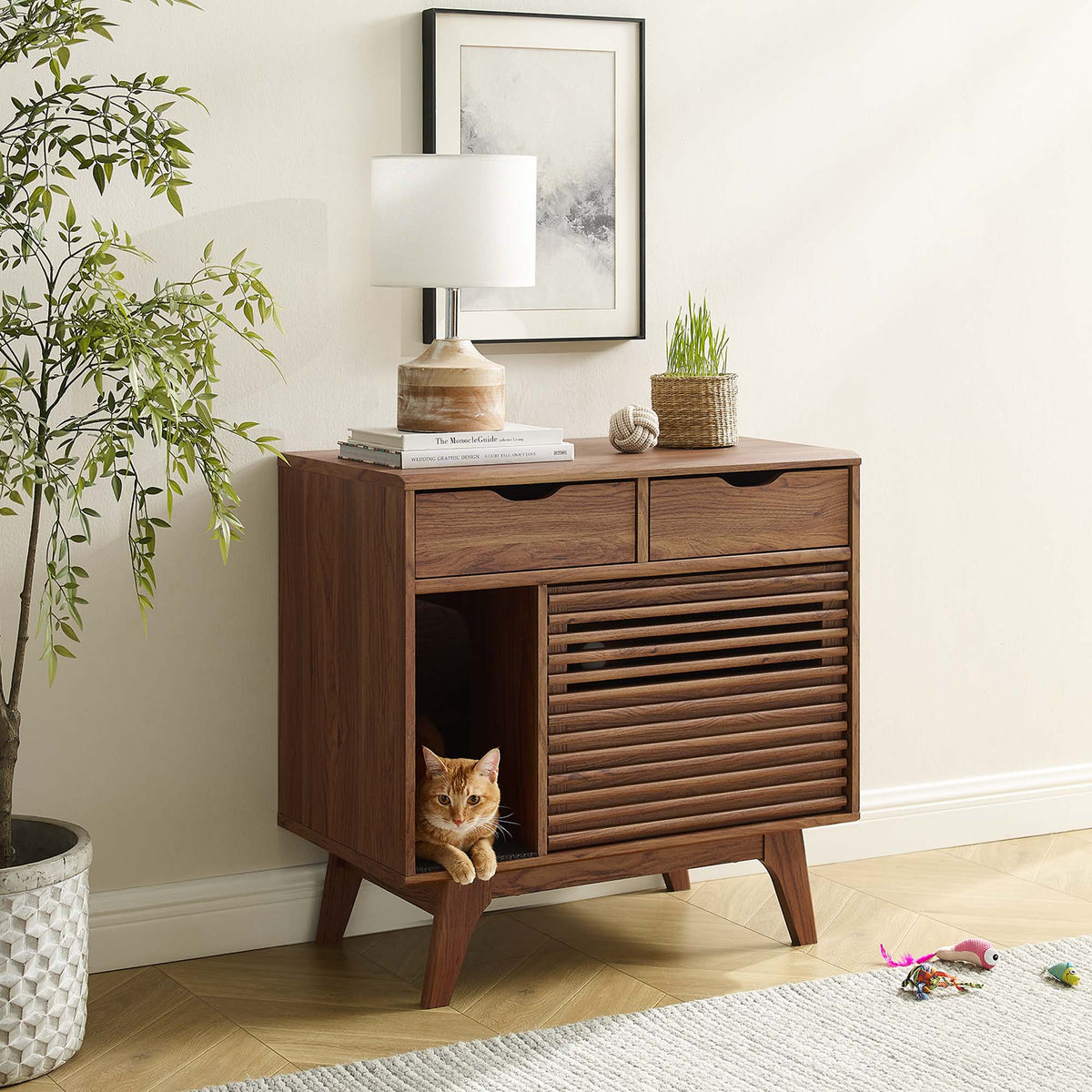 Render Cat Cabinet by Modway decorative storage with slatted doors and a cat peeking out on Tampa Home & Garden Store