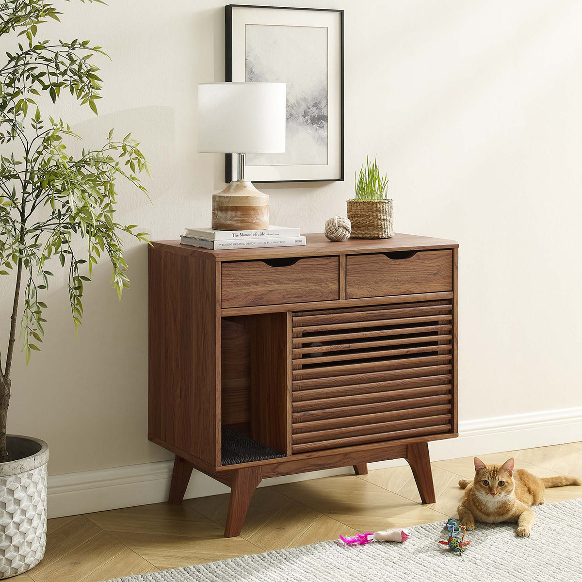 Render Cat Cabinet Modway wooden cabinet with slatted doors, lamp on top cat nearby greenery on Tampa Home & Garden Store