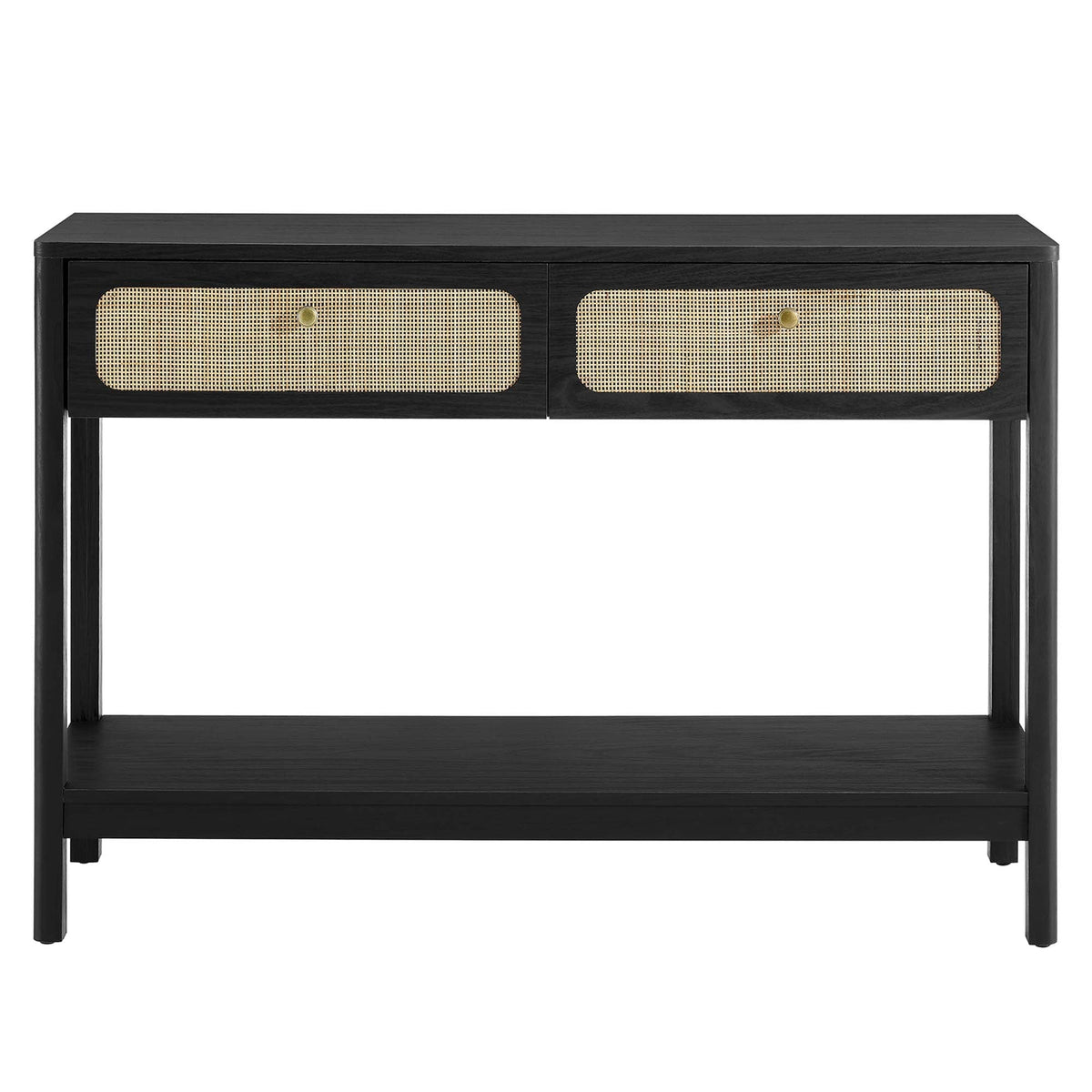 Chaucer Wood Entryway Console Table by Modway, wood with cane-front drawers and brass knobs on Tampa Home & Garden Store