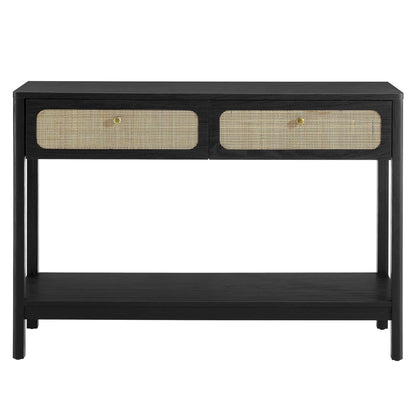 Chaucer Wood Entryway Console Table by Modway, wood with cane-front drawers and brass knobs on Tampa Home & Garden Store